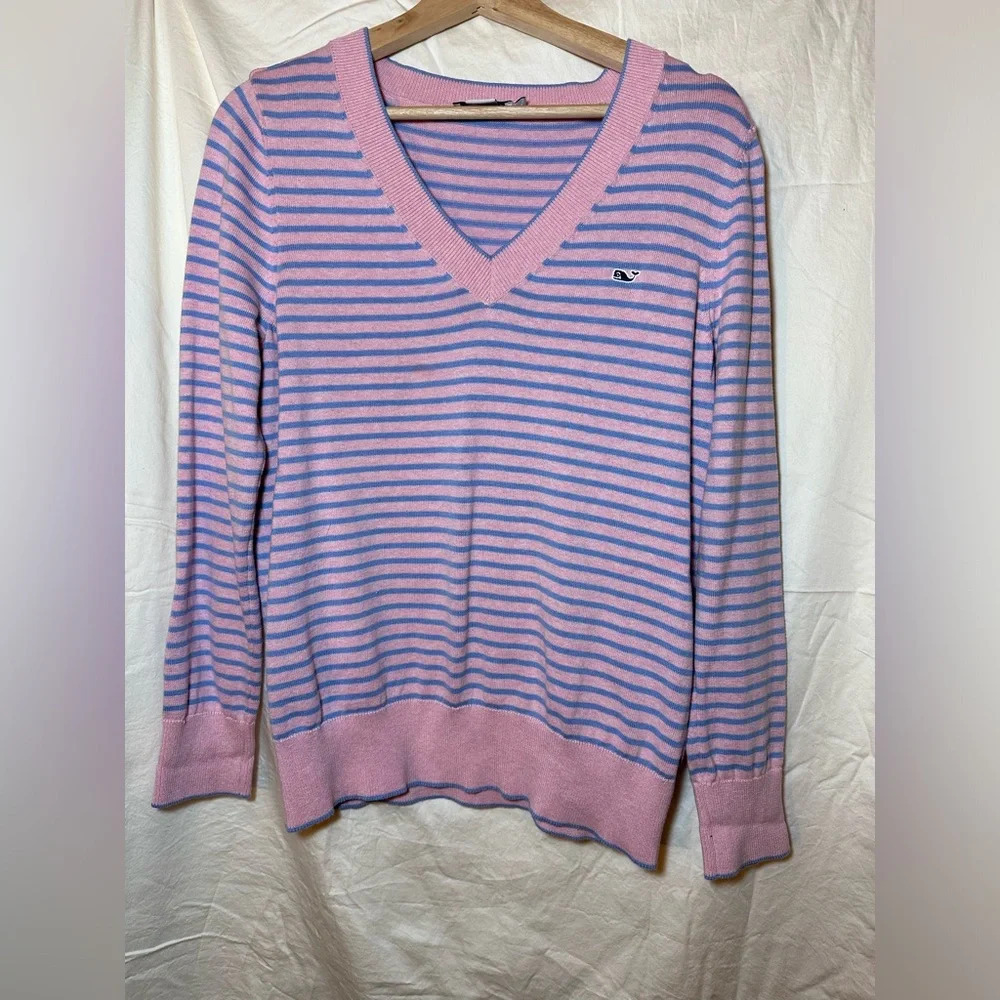 Vineyard Vines Women’s Medium Pink Blue Striped V Neck Sweater Preppy Logo Beach